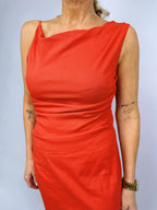 TOMATO RED SQUARE NECK COTTON DRESS