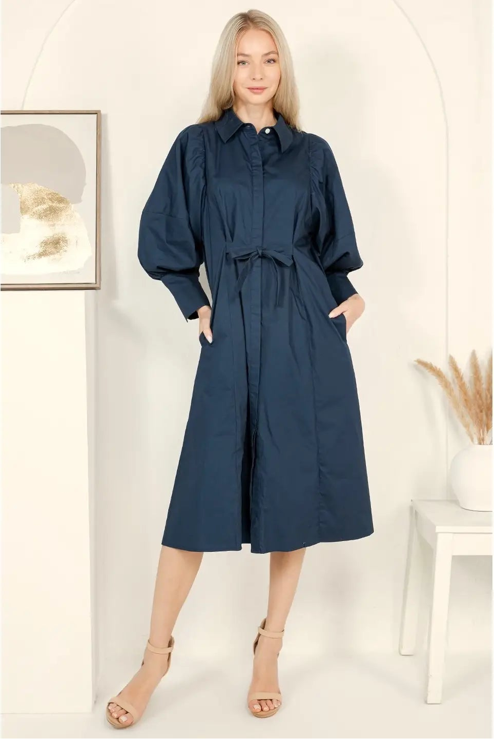 BIG PUFF LONG POPLIN DRESS (NAVY)