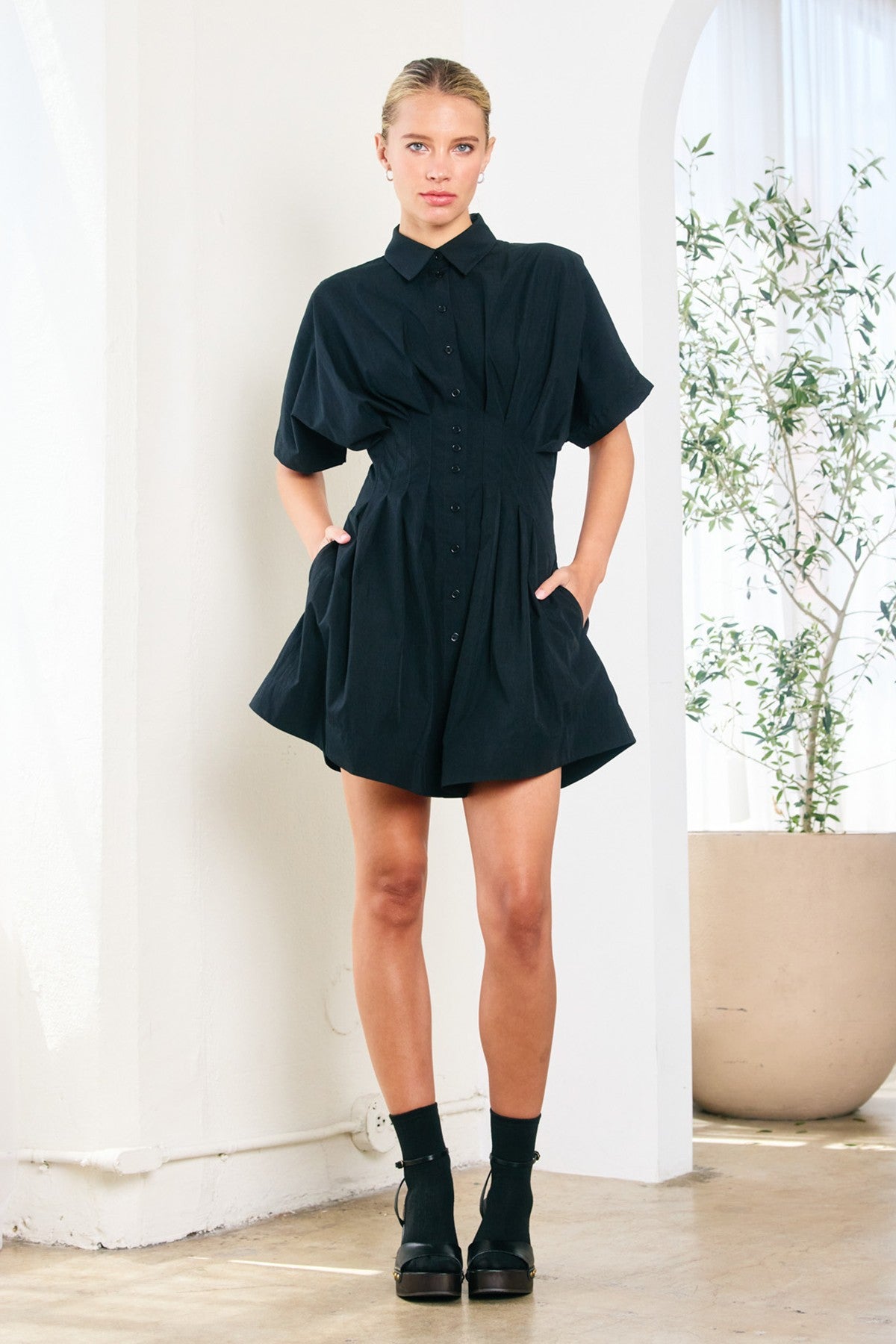 POCKETED PINTUCK SHIRT DRESS