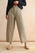 TAN BROWN MINI CHECKER PATTERN BARREL PANTS