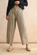 TAN BROWN MINI CHECKER PATTERN BARREL PANTS