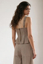 STRIPED TWILL PLEATED BOAT NECK TOP (LT. TAUPE)