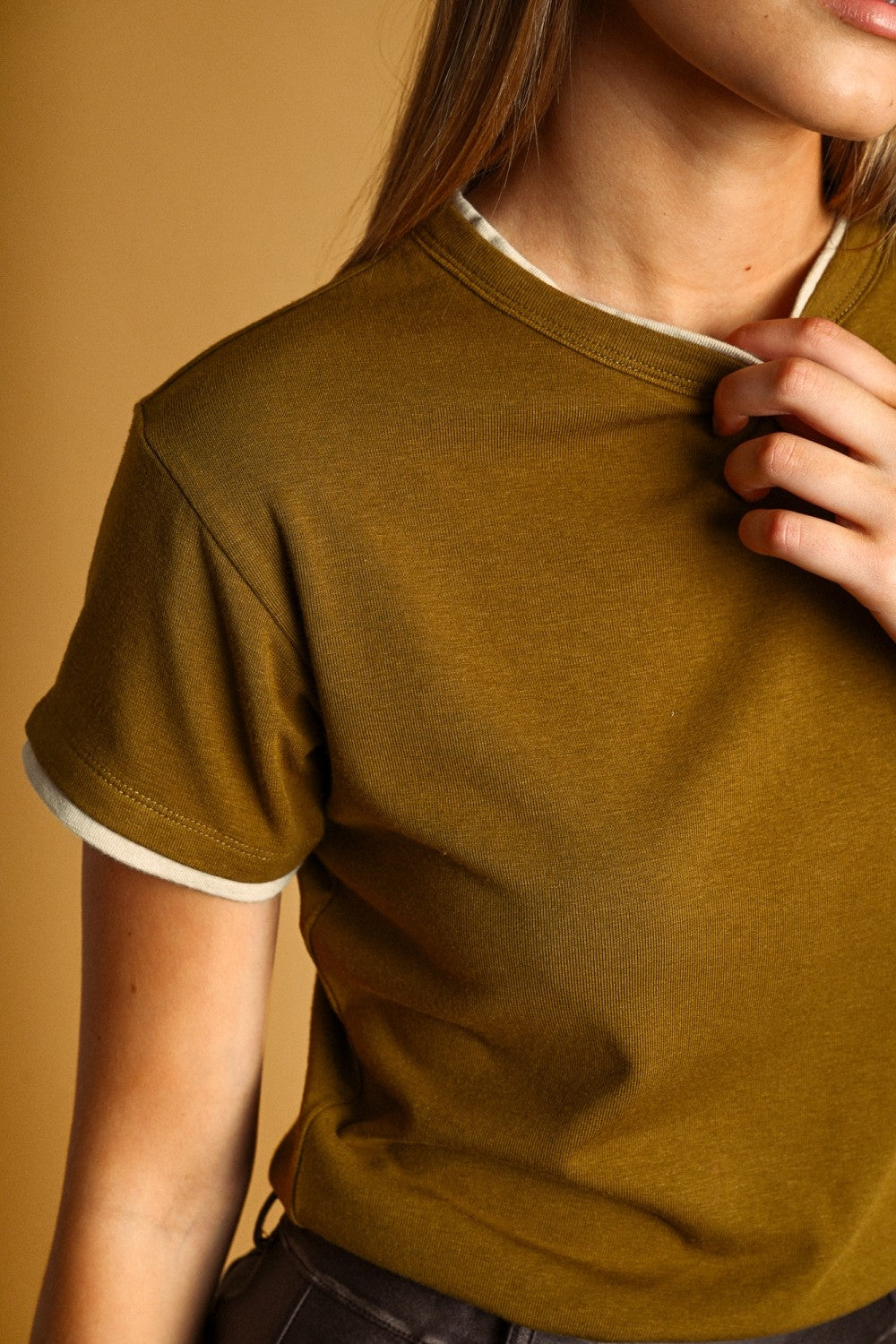 OLIVE/BEIGE 2K LAYERED SHORT SLEEVE TOP
