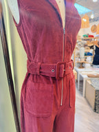 RETRO WINE SLEEVELESS CORDUROY JUMPSUIT W/ BELT