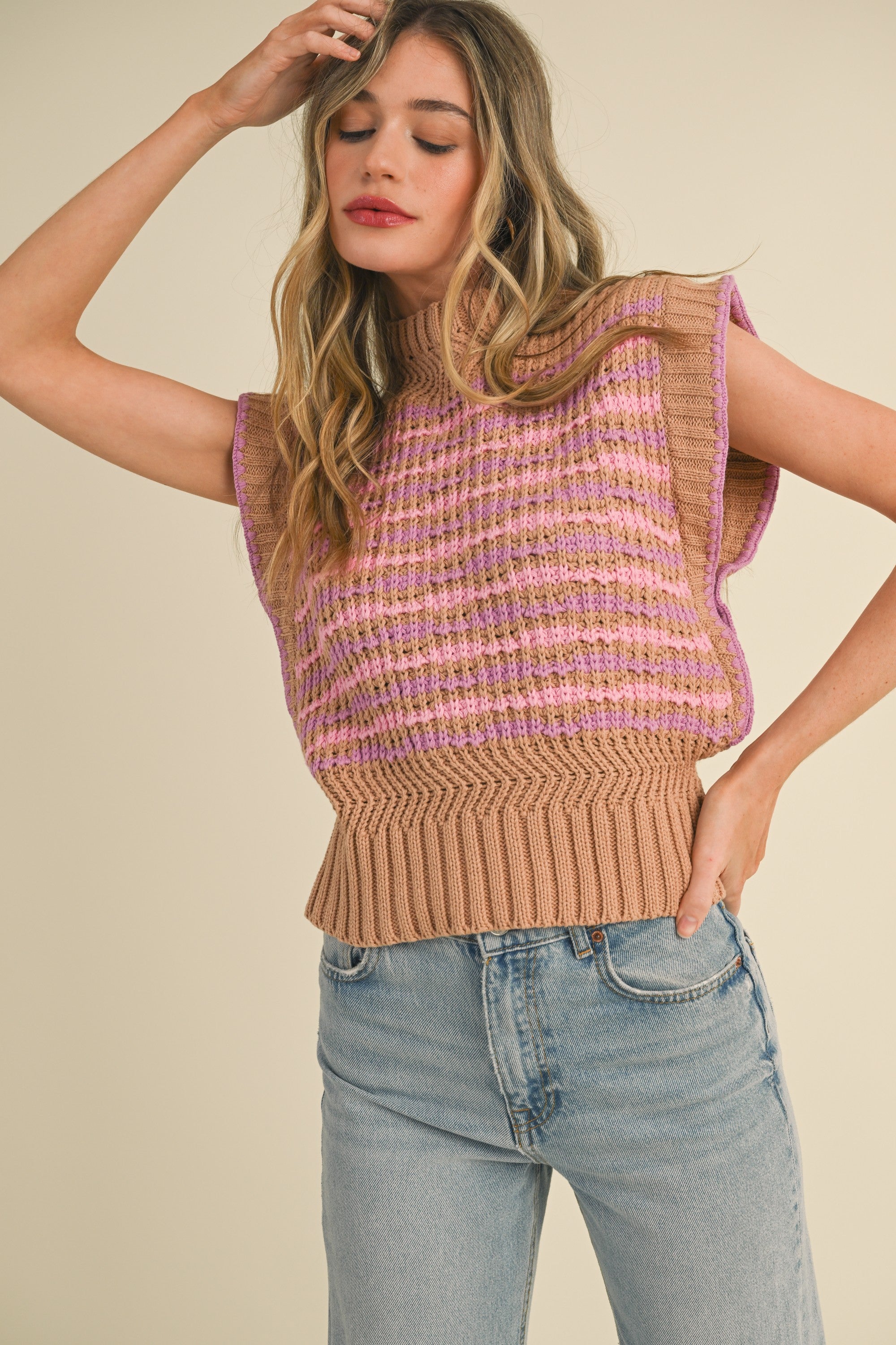 CAMEL LAVENDER SLEEVELESS SWEATER TOP