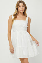 WHITE SQUARE NECK SMOCKED MINI DRESS