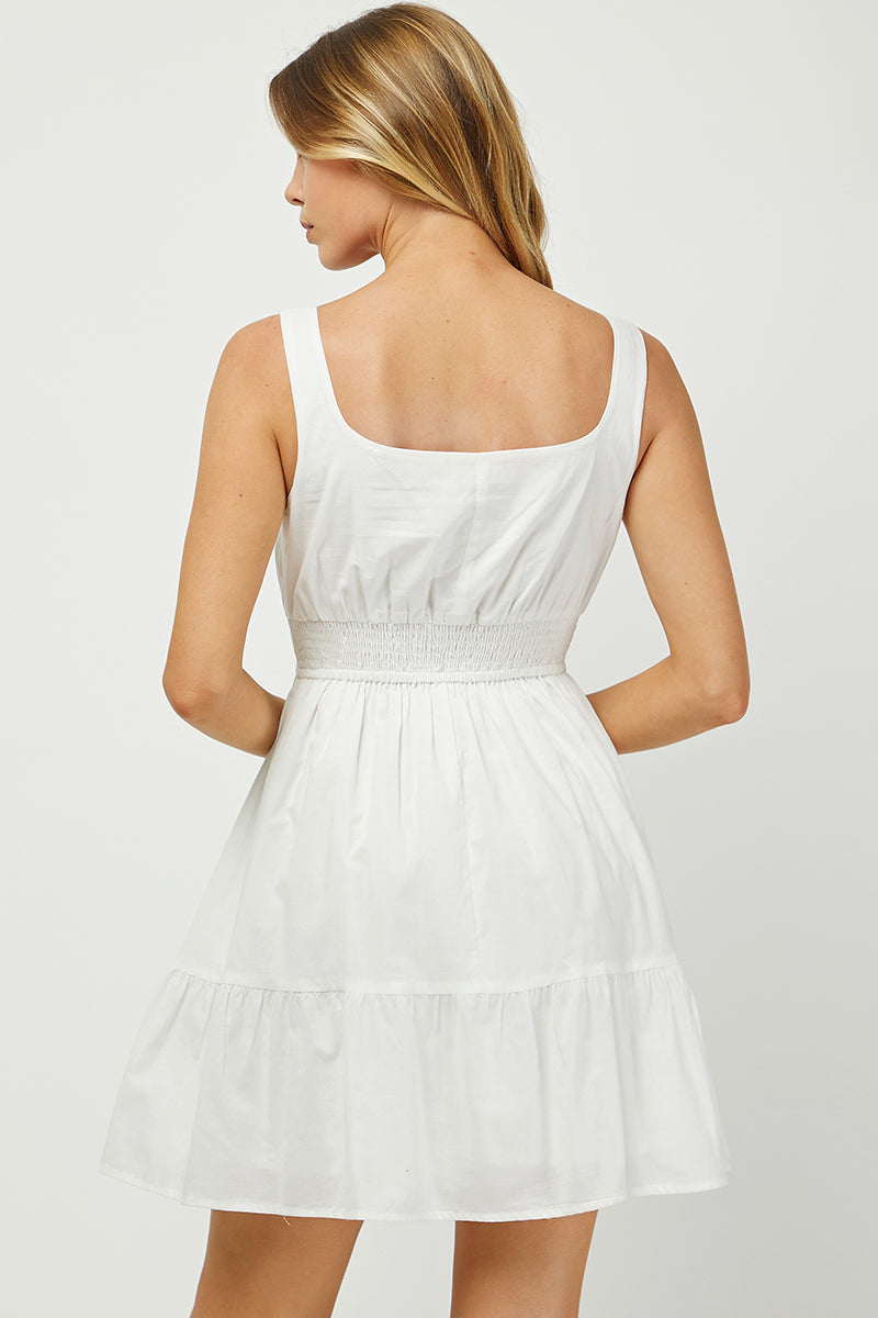 WHITE SQUARE NECK SMOCKED MINI DRESS