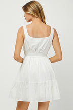 WHITE SQUARE NECK SMOCKED MINI DRESS