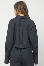 NAVY PINSTRIPE CROPPED BUTTON SHIRT