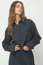 NAVY PINSTRIPE CROPPED BUTTON SHIRT