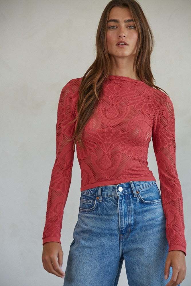 CRIMSON SEMI MOCK NECK FISHNET LAYERING TOP