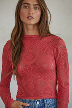 CRIMSON SEMI MOCK NECK FISHNET LAYERING TOP