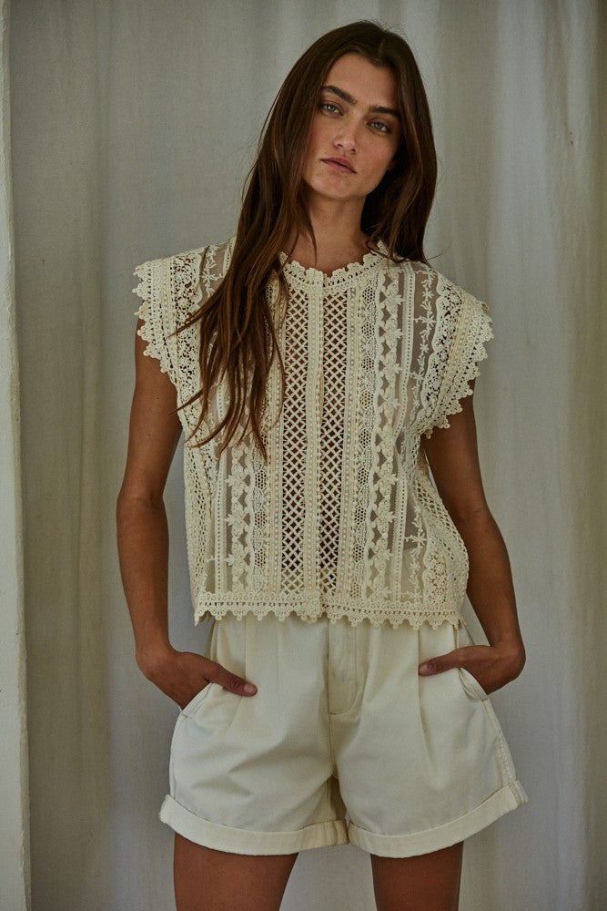 NATURAL CROCHET LACE TOP