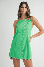 KELLY GREEN SCALLOP SPAGHETTI STRAP MINI DRESS