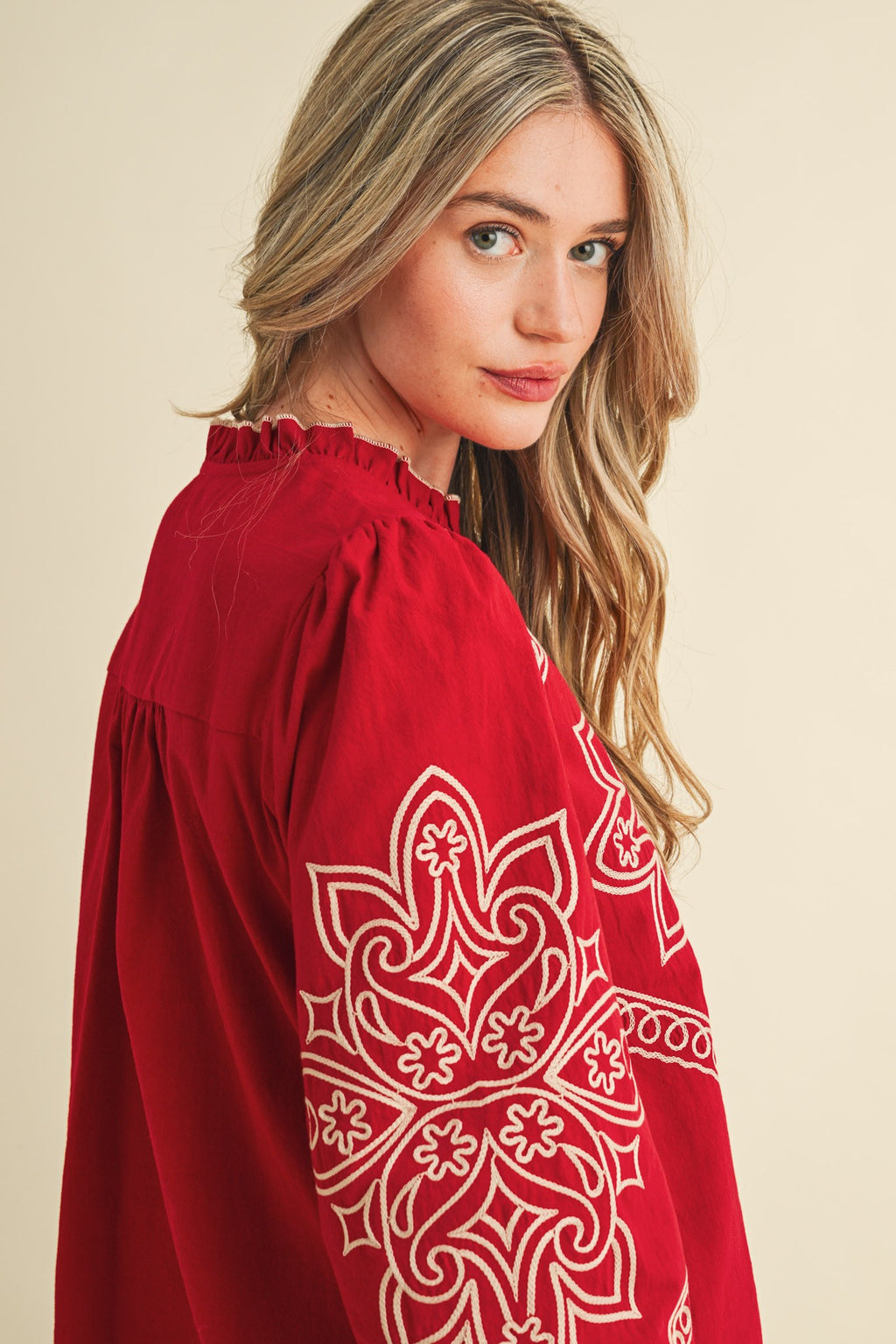 RED RUBY WESTERN EMBROIDERY TOP