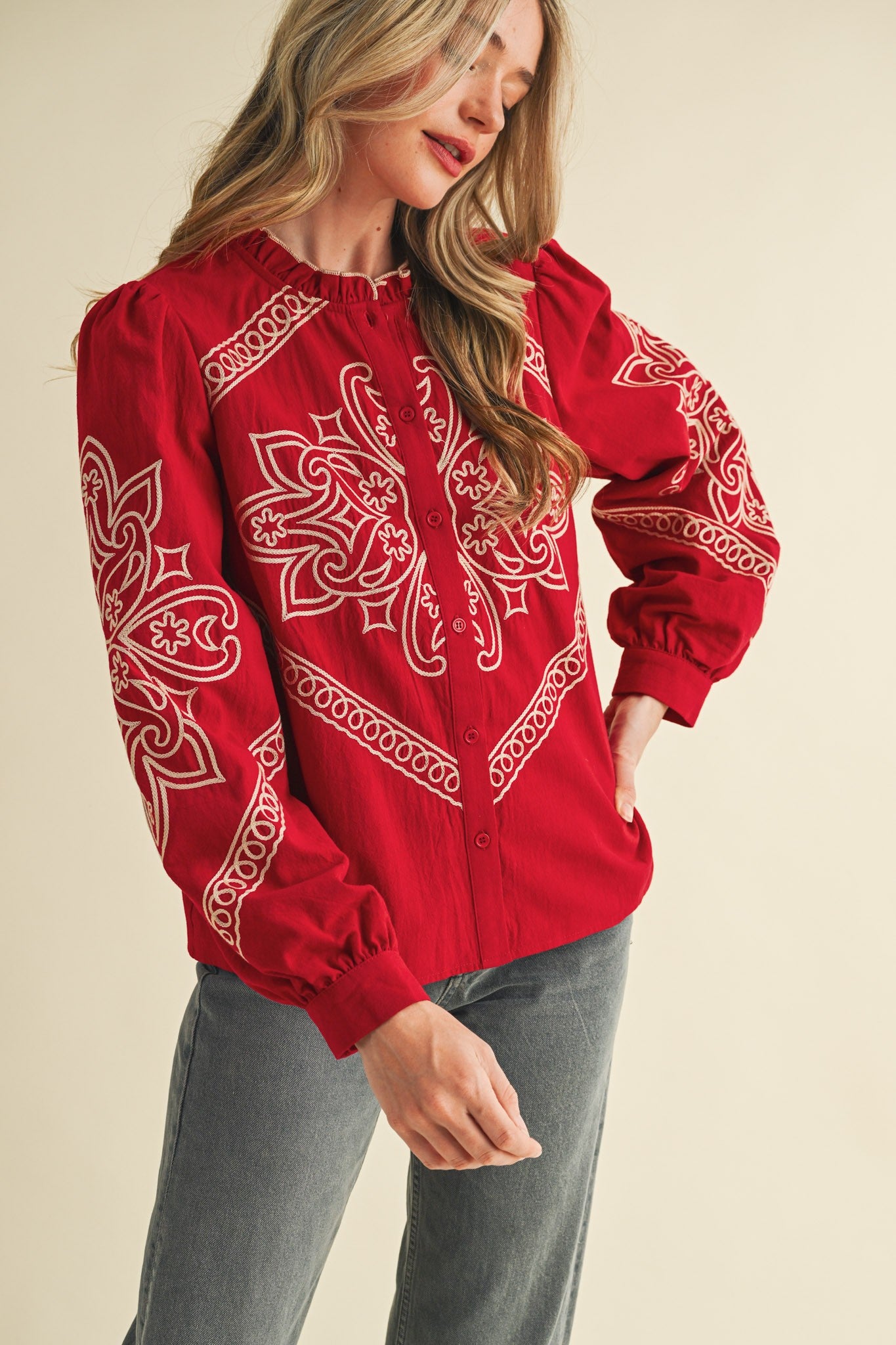 RED RUBY WESTERN EMBROIDERY TOP