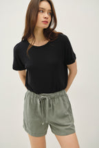 DUSTY OLIVE HIGH RISE PULL ON TENCEL SHORT