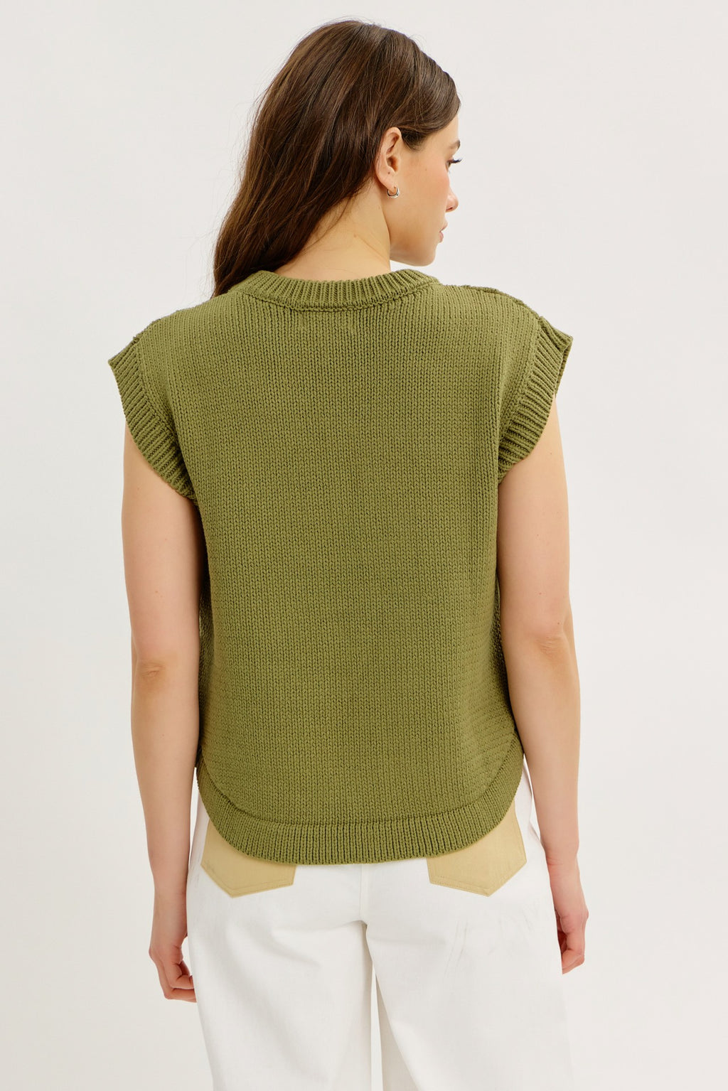 OLIVE ROUND NECK SWEATER VEST W/ SIDE BUTTONS