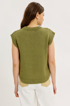 OLIVE ROUND NECK SWEATER VEST W/ SIDE BUTTONS