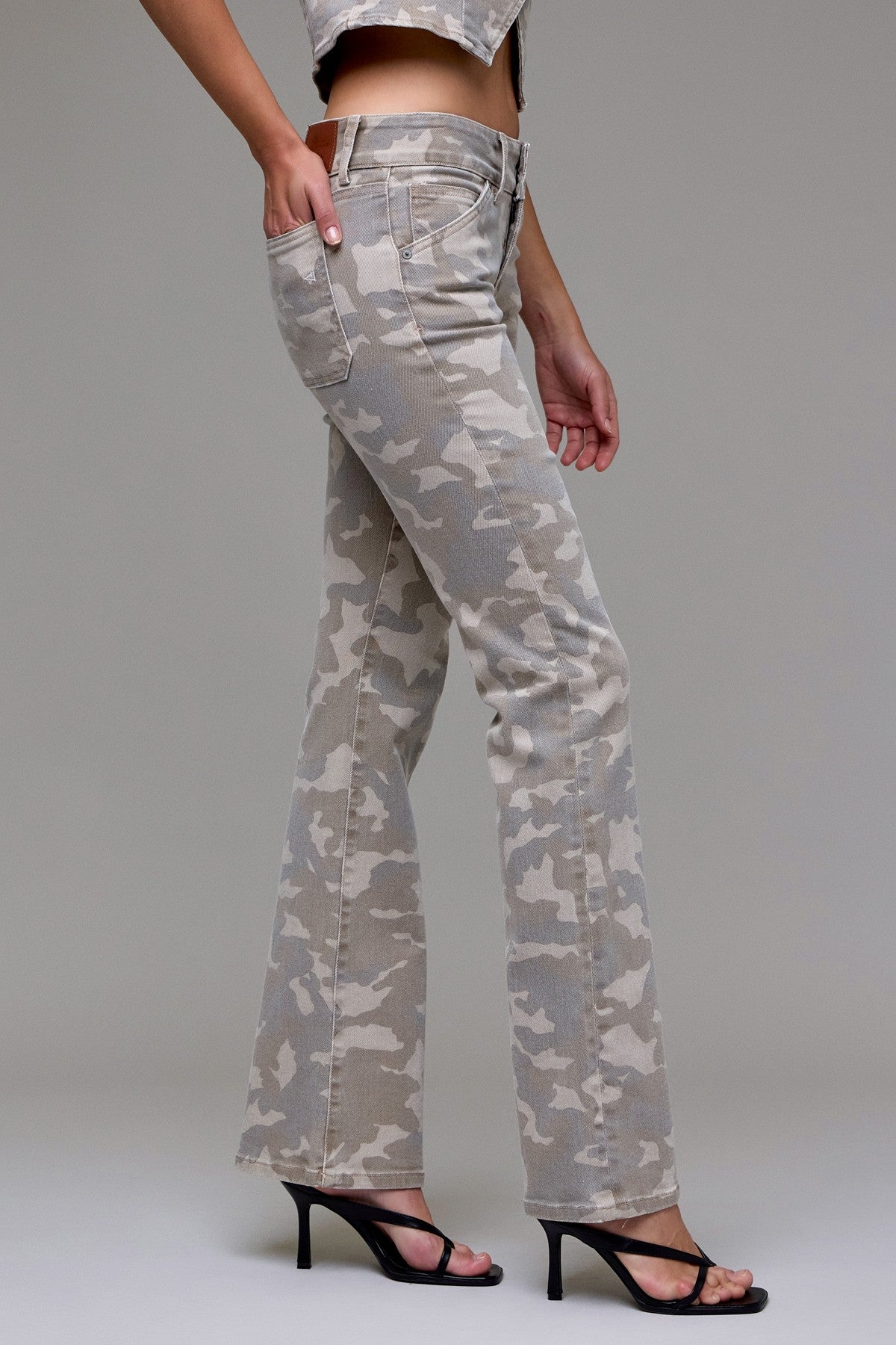TAN CAMO LOW RISE BOOTCUT JEANS