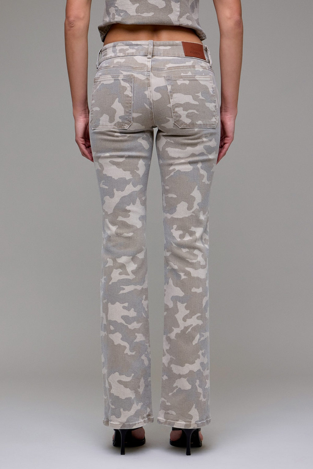 TAN CAMO LOW RISE BOOTCUT JEANS