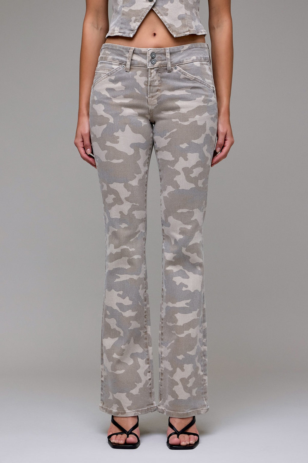 TAN CAMO LOW RISE BOOTCUT JEANS