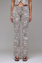 TAN CAMO LOW RISE BOOTCUT JEANS
