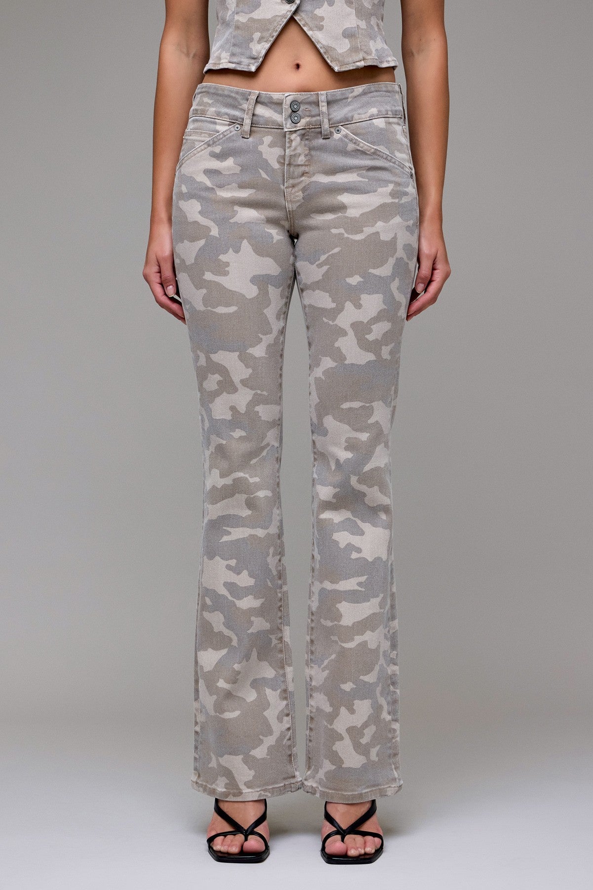 TAN CAMO LOW RISE BOOTCUT JEANS