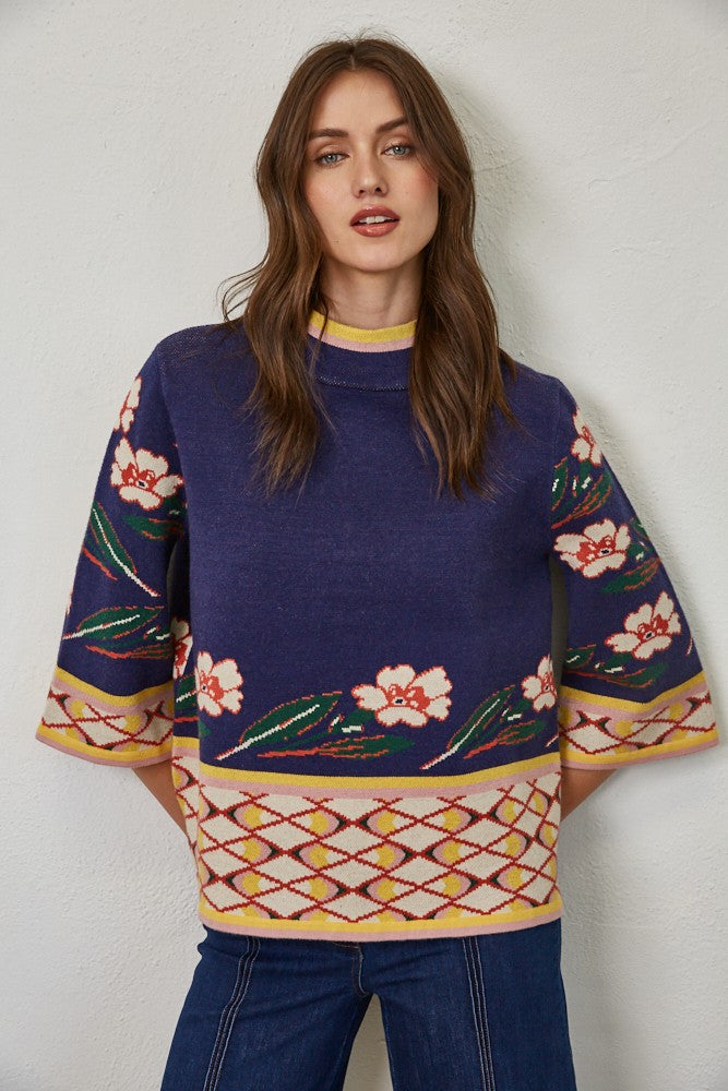 JAQ NAVY FLORAL STITCH MOCK NECK SWEATER