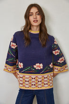 JAQ NAVY FLORAL STITCH MOCK NECK SWEATER