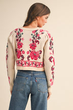 FLORAL KNIT BOW CROPPED SWEATER CARDIGAN