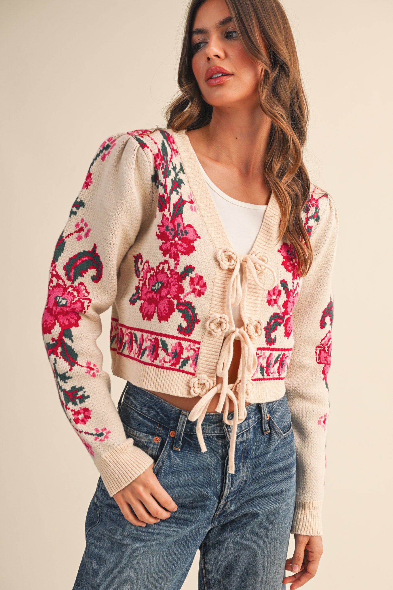 FLORAL KNIT BOW CROPPED SWEATER CARDIGAN