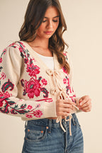 FLORAL KNIT BOW CROPPED SWEATER CARDIGAN