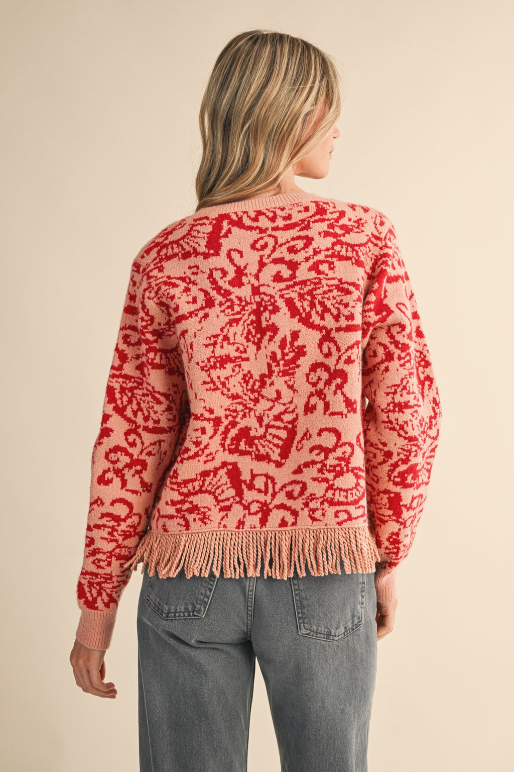 FLORAL KNIT FRINGED SWEATER CARDIGAN