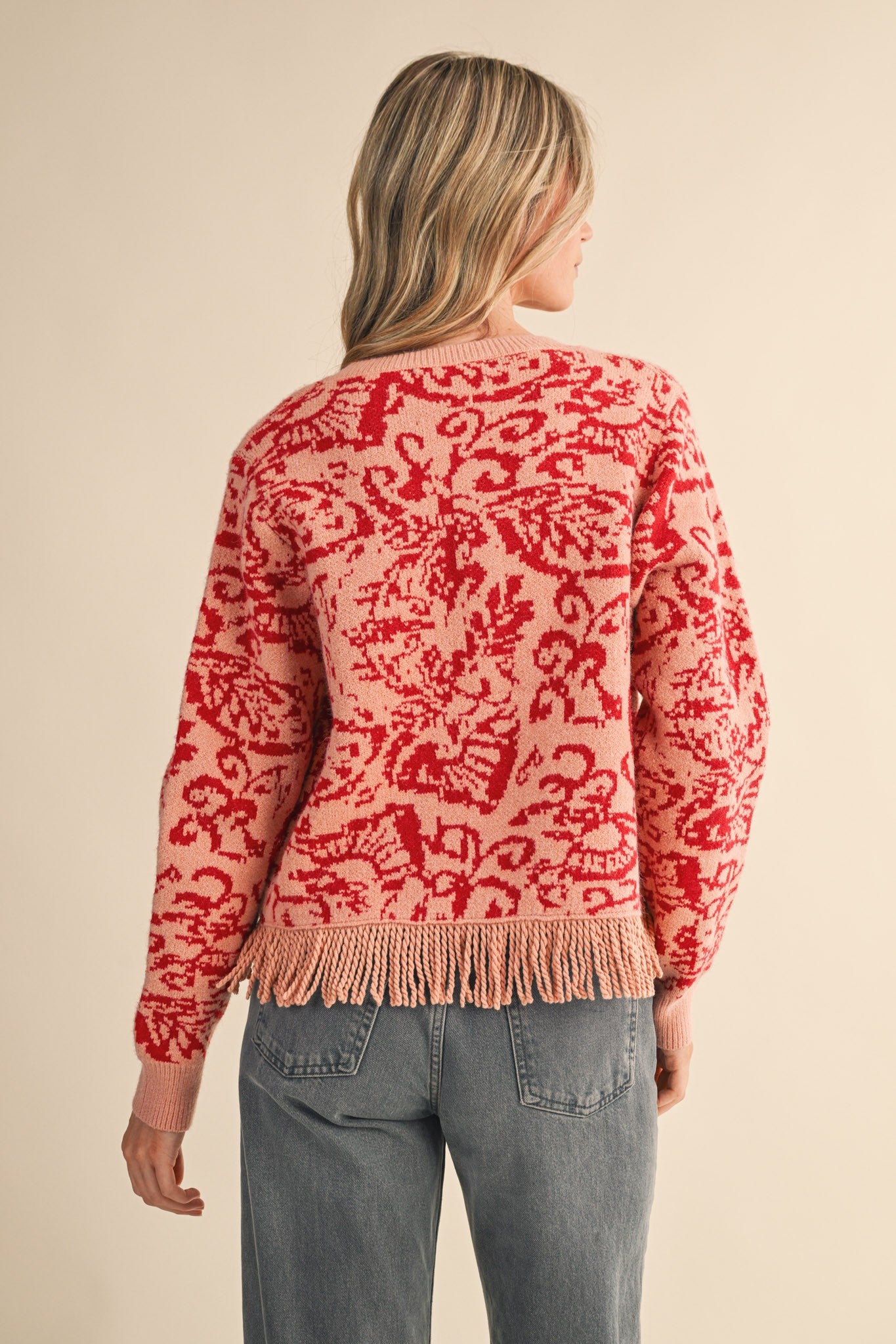 FLORAL KNIT FRINGED SWEATER CARDIGAN
