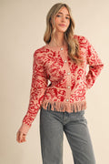 FLORAL KNIT FRINGED SWEATER CARDIGAN