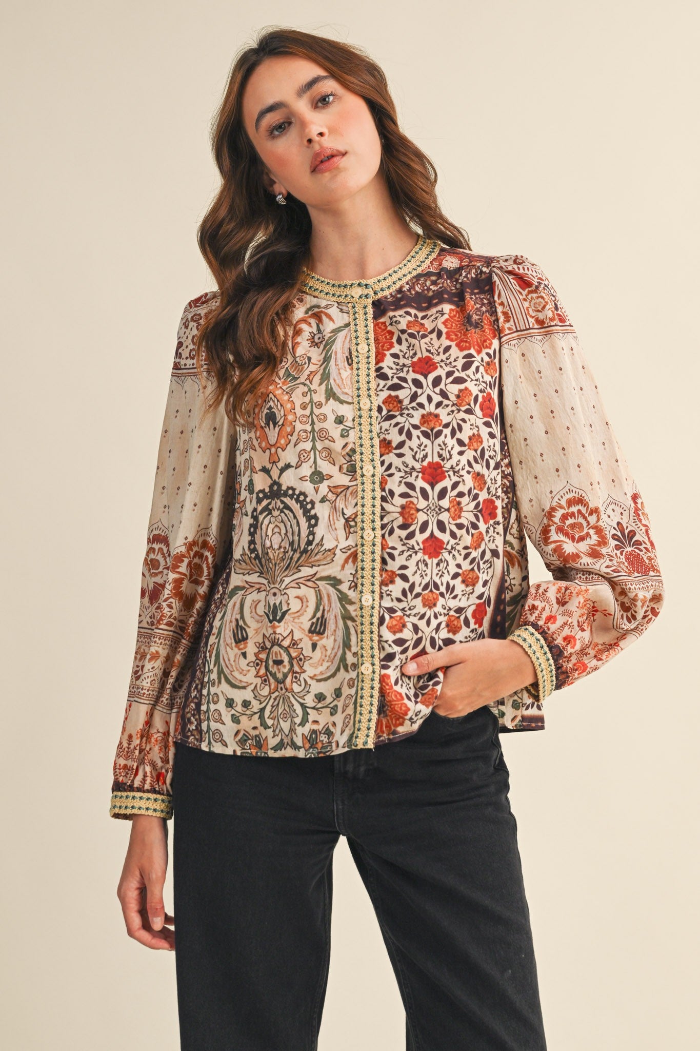 FALL PATCHWORK PRINT BUTTON DOWN W/ CROCHET TRIM