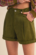OLIVE FAUX SUEDE FALL SHORTS W/ CUFFED HEM