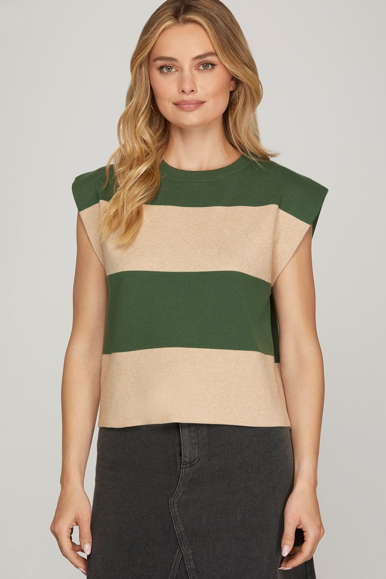 STRIPED SWEATER OLIVE/CREAM FALL TOP