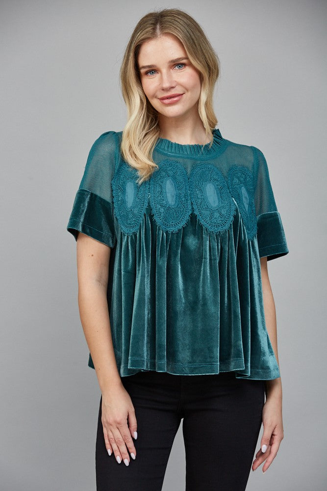 TEAL VELVET LACE BABYDOLL TOP
