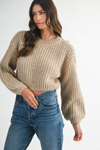 LT. MOCHA CHUNKY KNIT BALLOON SLEEVE PULL OVER