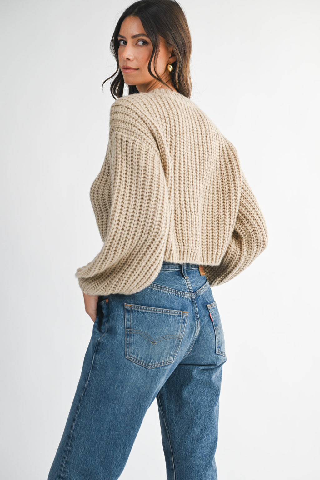 LT. MOCHA CHUNKY KNIT BALLOON SLEEVE PULL OVER