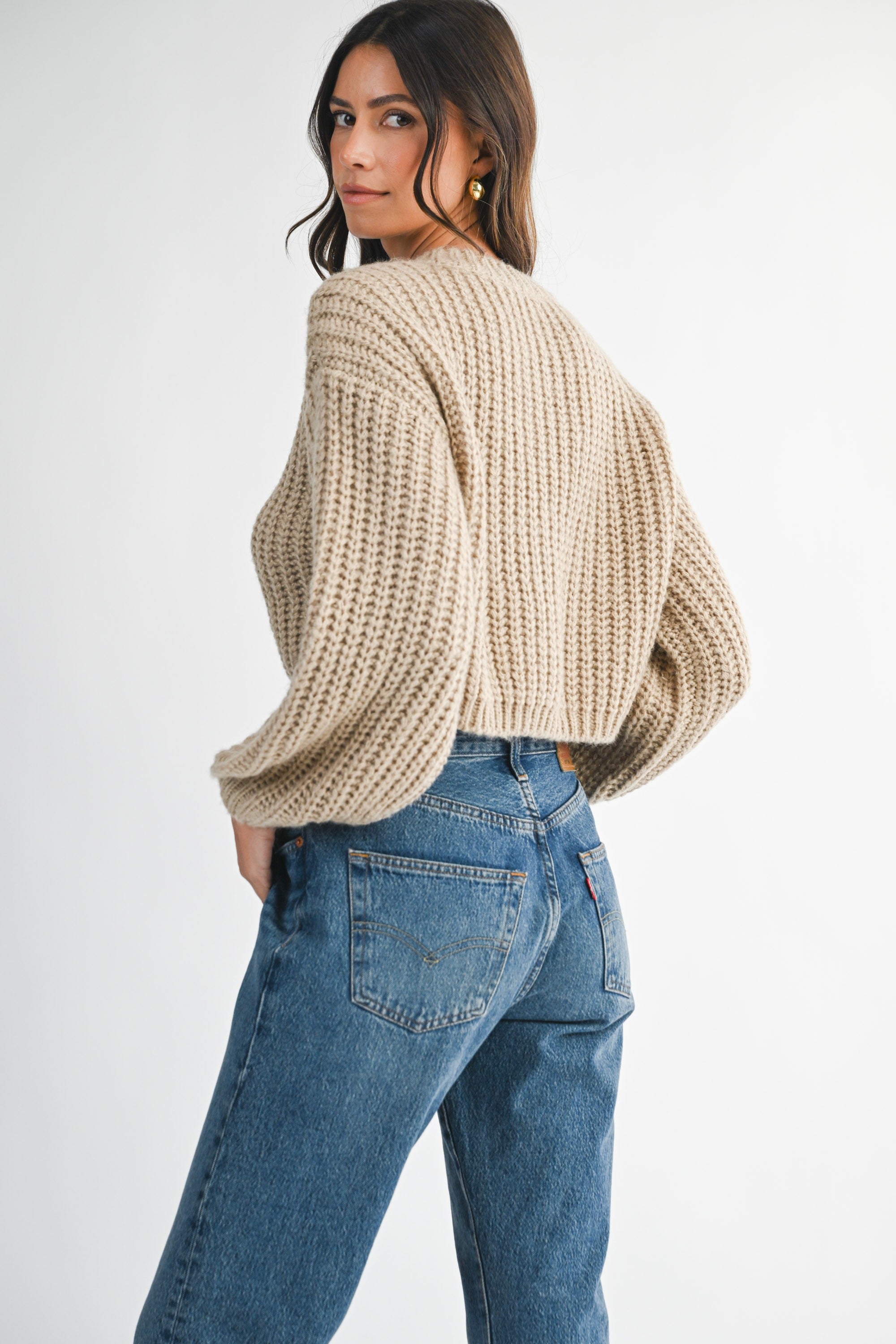 LT. MOCHA CHUNKY KNIT BALLOON SLEEVE PULL OVER
