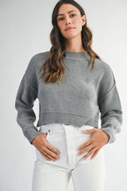 GREY SOLID KNIT MOCK CROP SWEATER