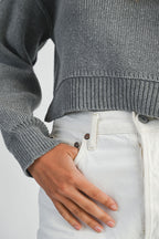GREY SOLID KNIT MOCK CROP SWEATER