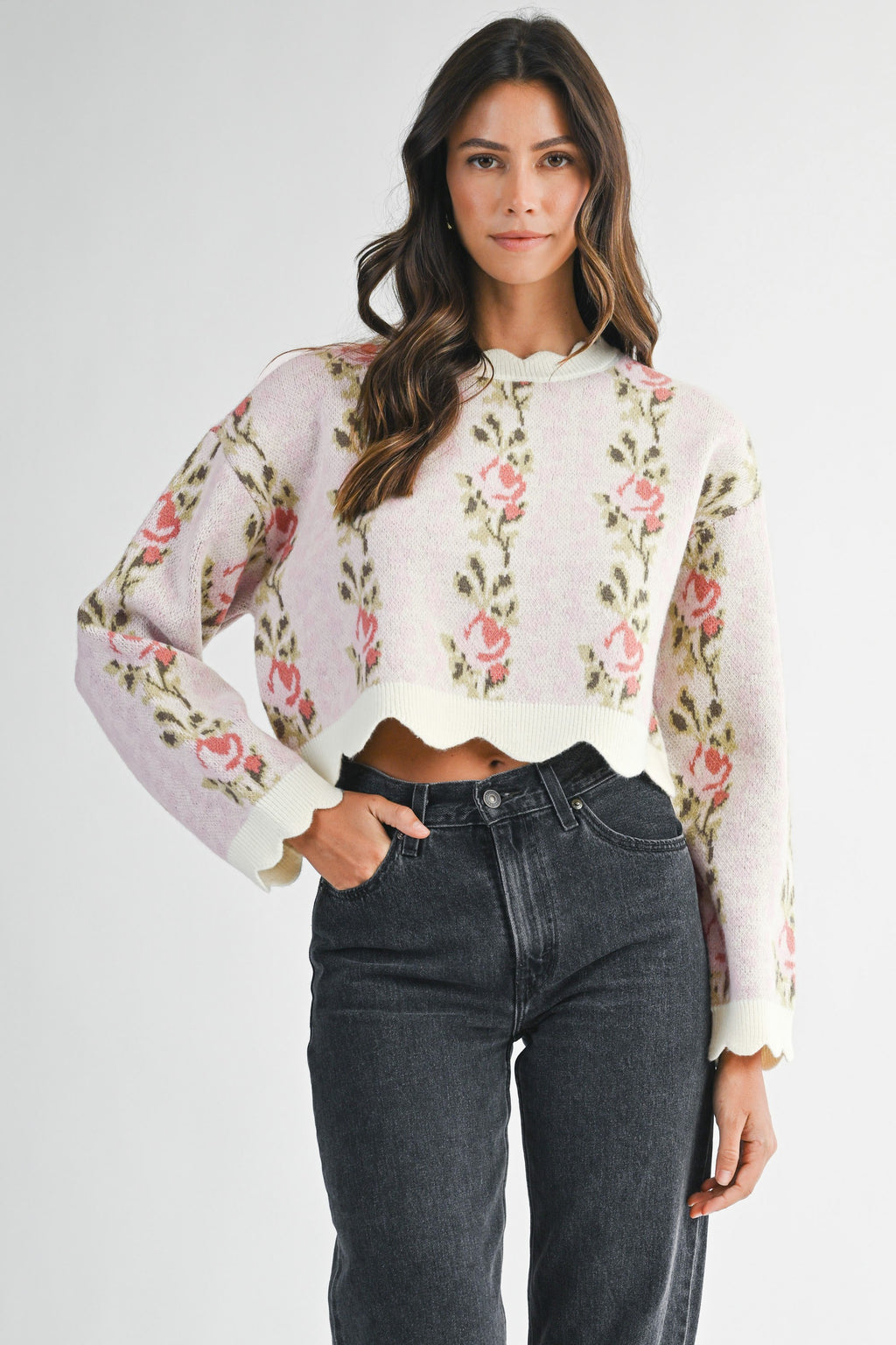 JAC FLORAL SWEATER W/ SCALLOP HEM