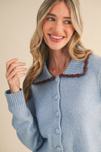 BROWN SCALLOP BLUE COLLAR SWEATER CARDIGAN