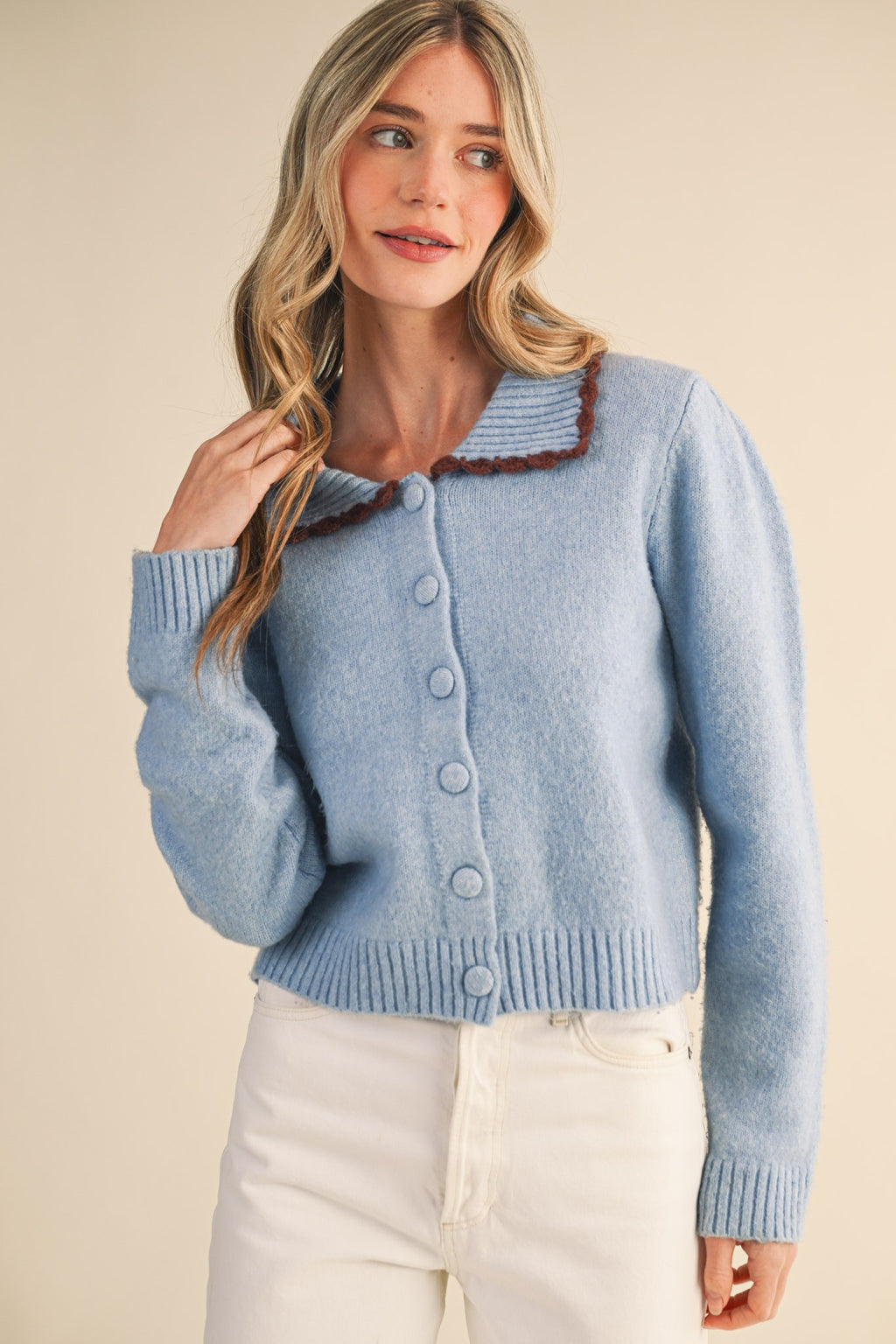 BROWN SCALLOP BLUE COLLAR SWEATER CARDIGAN