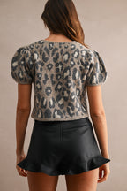 LEOPARD KNITTED PUFF SLEEVE TOP