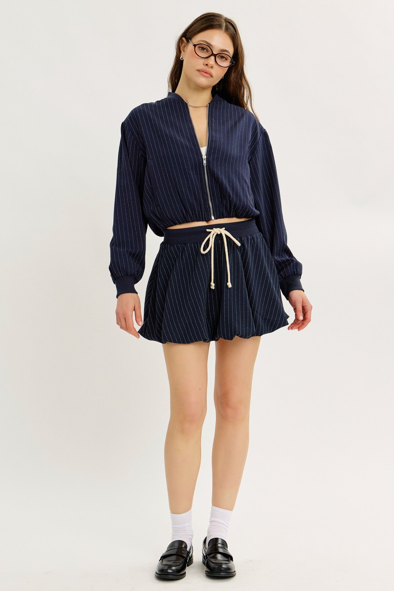 NAVY STRIPED BOMBER JACKET